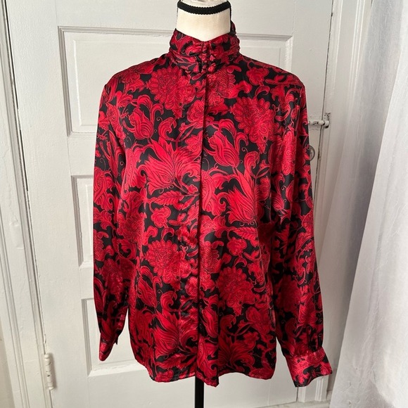 Jennifer Moore Vintage Red Black Baroque Floral Satin Blouse Mock Neck Gothic - Picture 17 of 17